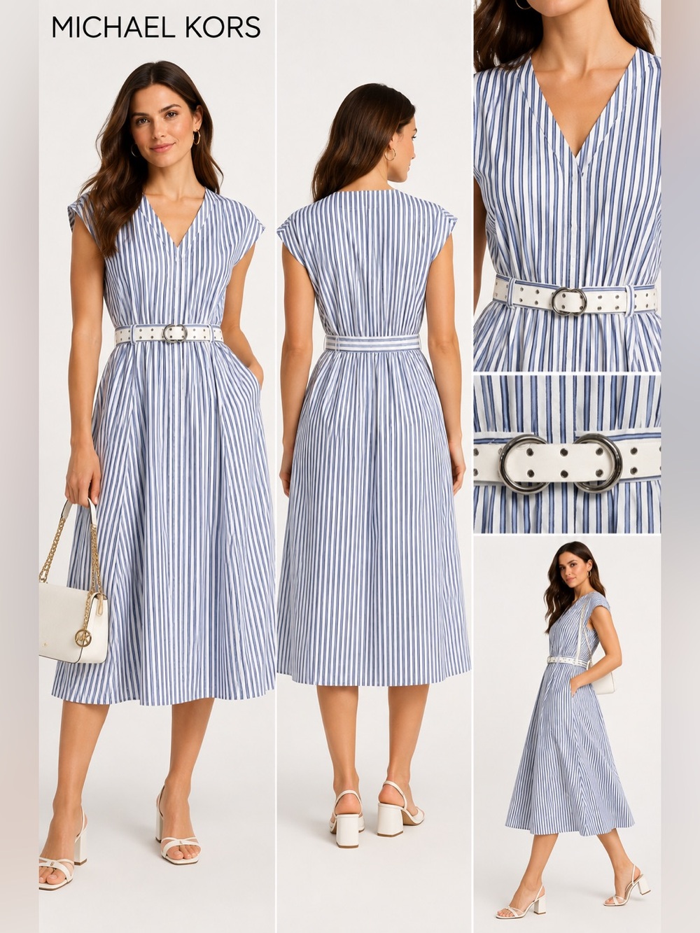 Michael Kors Blue White Striped Belted Midi Dress XL